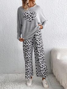 SHEIN LUNE Women's Leopard Print Top And Pants Set - Grey - View 4