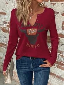 SHEIN Clasi 女士字母與公牛頭印花長袖t恤 - 紅色 - 查看 4