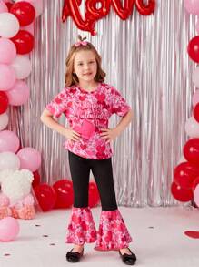 SHEIN Little Girls' Heart Printed T-shirt And Flared Pants Two Piece Set - Red and White - View 4