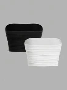 SHEIN EZwear Two-Piece Set Ruched Short Strapless Top - Multicolor - View 2