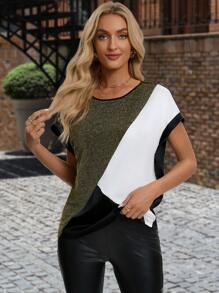 SHEIN Clasi Women's Color Block Batwing Sleeve T-Shirt - Multicolor - View 3
