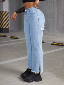 SHEIN ICON 女仿舊破洞下擺牛仔褲 - 淺色水洗藍 - 查看 5