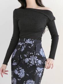 DAZY Của phụ nữ Màu thuần Bất đối xứng Vòng cổ Knit ngọn - màu đen - Xem 7