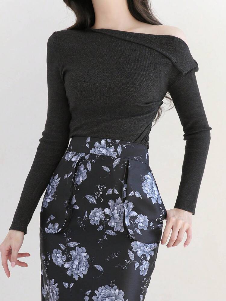 Women'S Solid Color Asymmetrical Collar Knit Top