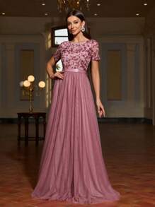 Faeriesty Sequin Contrast Mesh Floor-Length Formal Gown - Dusty Pink - View 6