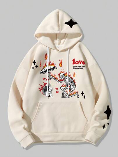 Street Life Sudadera con capucha para hombres con estampado de letras y esqueleto, escolar