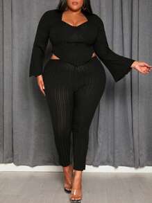 Slaydiva 大尺碼不對稱下擺飄擺袖t恤和緊身褲套裝 - 黑色 - 查看 1