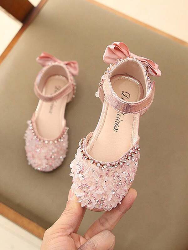 Girls' Princess Shoes With Rhinestones, Anti-Slip, Bowknot, Flat Toe Ballet Shoes For Performances