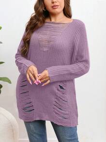 SHEIN LUNE Plus Ripped Sweater - Purple - View 1