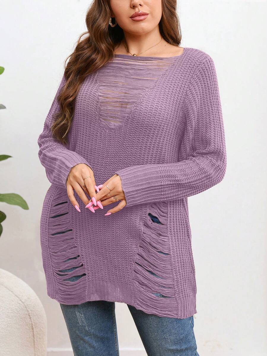 SHEIN LUNE Plus Ripped Sweater - Purple - View 1