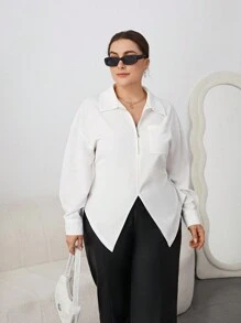 SHEIN Essnce Plus Size Women'S Long Sleeve T Shirt With Zipper Front - White - View 5
