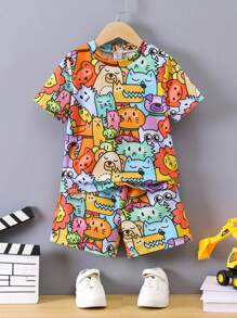SHEIN 男童2入組可愛卡通手繪動物印花T恤和短褲，舒適且多用途，適用於戶外活動、學校和家庭穿著，適合春夏秋季，4-7歲 - 彩色 - 查看 1