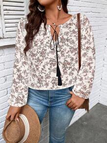 SHEIN LUNE 大碼花卉印花長袖襯衫 - 白色 - 查看 4