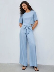 BizChic 2 cái/bộ Vòng cổ Ngắn tay Áo Và Cao eo Thắt lưng Quần - Màu xanh nhạt - Xem 2