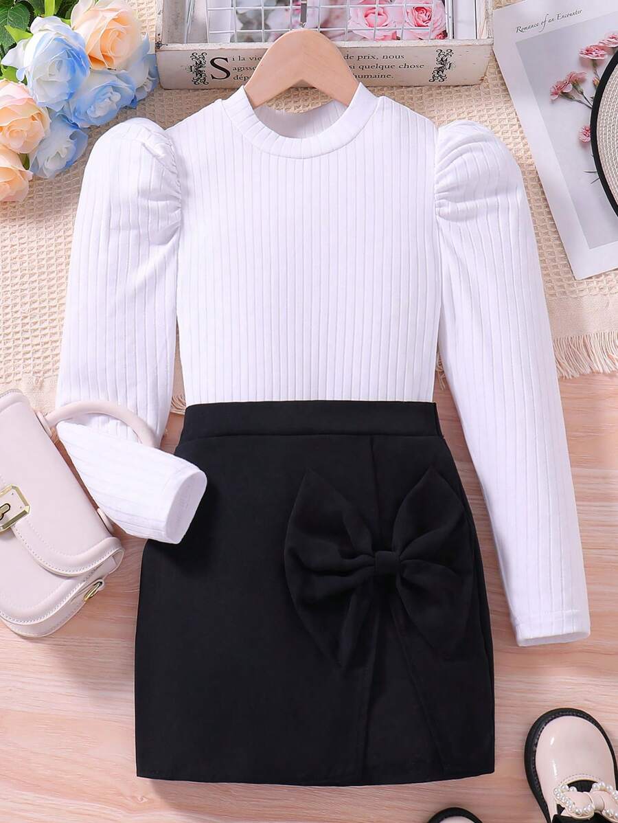 SHEIN Tween 女孩白色泡泡袖 T 恤和黑色蝴蝶結裙褲套裝 - 黑色 - 查看 1