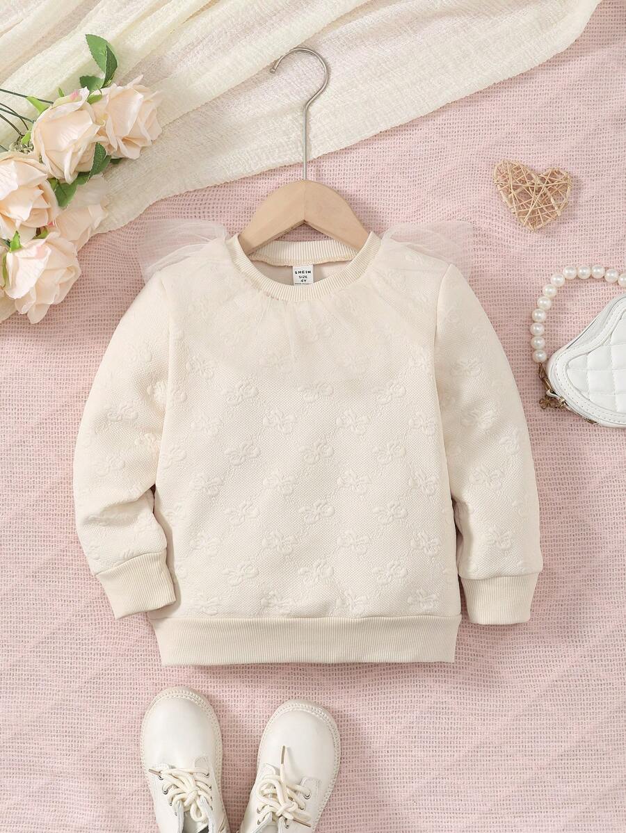 SHEIN 女孩純色紋理運動衫 - 杏色 - 查看 1