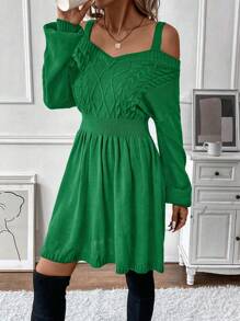 Chiquease Solid Color Off-Shoulder Batwing Sleeve Sweater Dress Fall Cloth For Women - Green - View 3