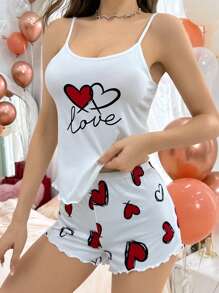 Ensemble pyjama avec débardeur et short imprimé cœur, ensemble blanc