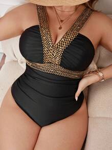 Swim Lushoire Plus Size Stitch Detail One Piece Swimsuit Summer - Black - View 1
