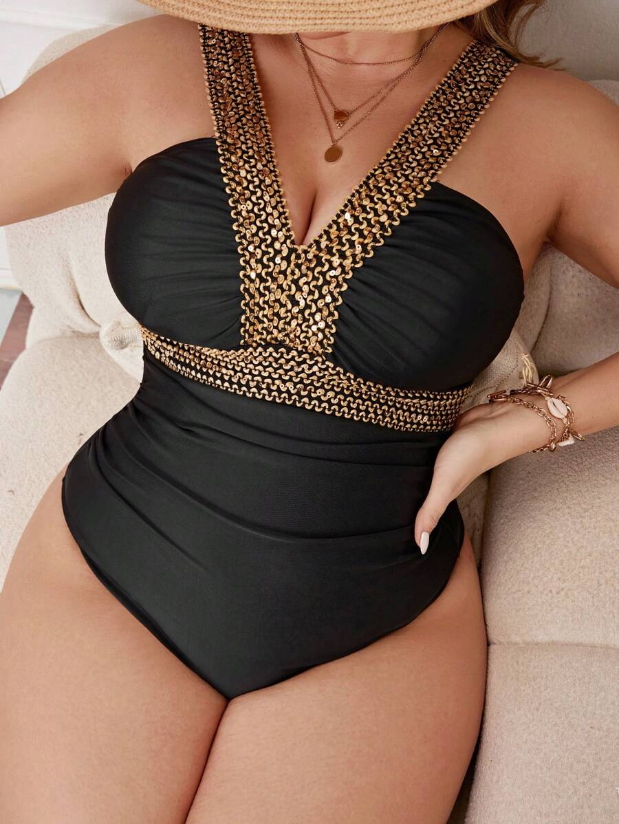 Swim Lushoire Plus Size Stitch Detail One Piece Swimsuit Summer - Black - View 1