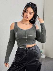 SHEIN Coolane 大尺碼拼接鏤空肩部細部 T 卹 - 深灰色 - 查看 6