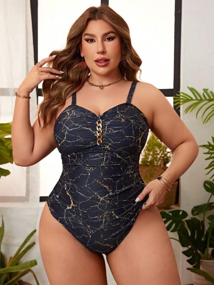 Swim Lushoire Traje De Baño Completo De Talla Grande Con Impresión Completa Y Decoración De Cadena, Una Pieza - Negro - Añade 5