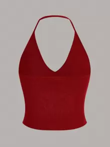 SHEIN EZwear Summer  Outfits 3pcs Solid Color Ribbed Knit Halter Top - Red and White - View 7