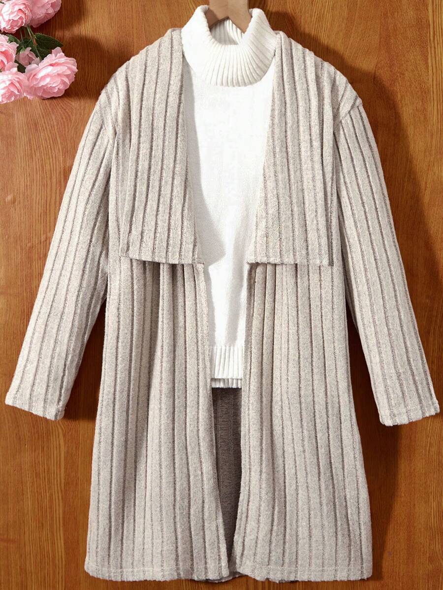 Teen Girls' Turn-Down Collar Solid Color Knit Ribbed Jacket - Apricot - View 1