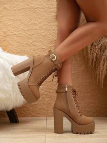 女士踝靴和短靴 2025 时尚鞋履，秋冬新款一扣英伦风靴子女短靴，搭配连衣裙，搭配黑色连衣裙，高跟厚底女鞋，防水台百搭粗跟，女靴 - 棕色 - 查看 5