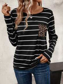 SHEIN LUNE 女款豹紋拼接口袋條紋t恤 - 棕色 - 查看 3