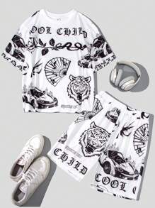 SHEIN 2pcs/Set Teen Boys' Casual Digital Print Short Sleeve T-Shirt And Shorts Suit For Summer - White - View 1