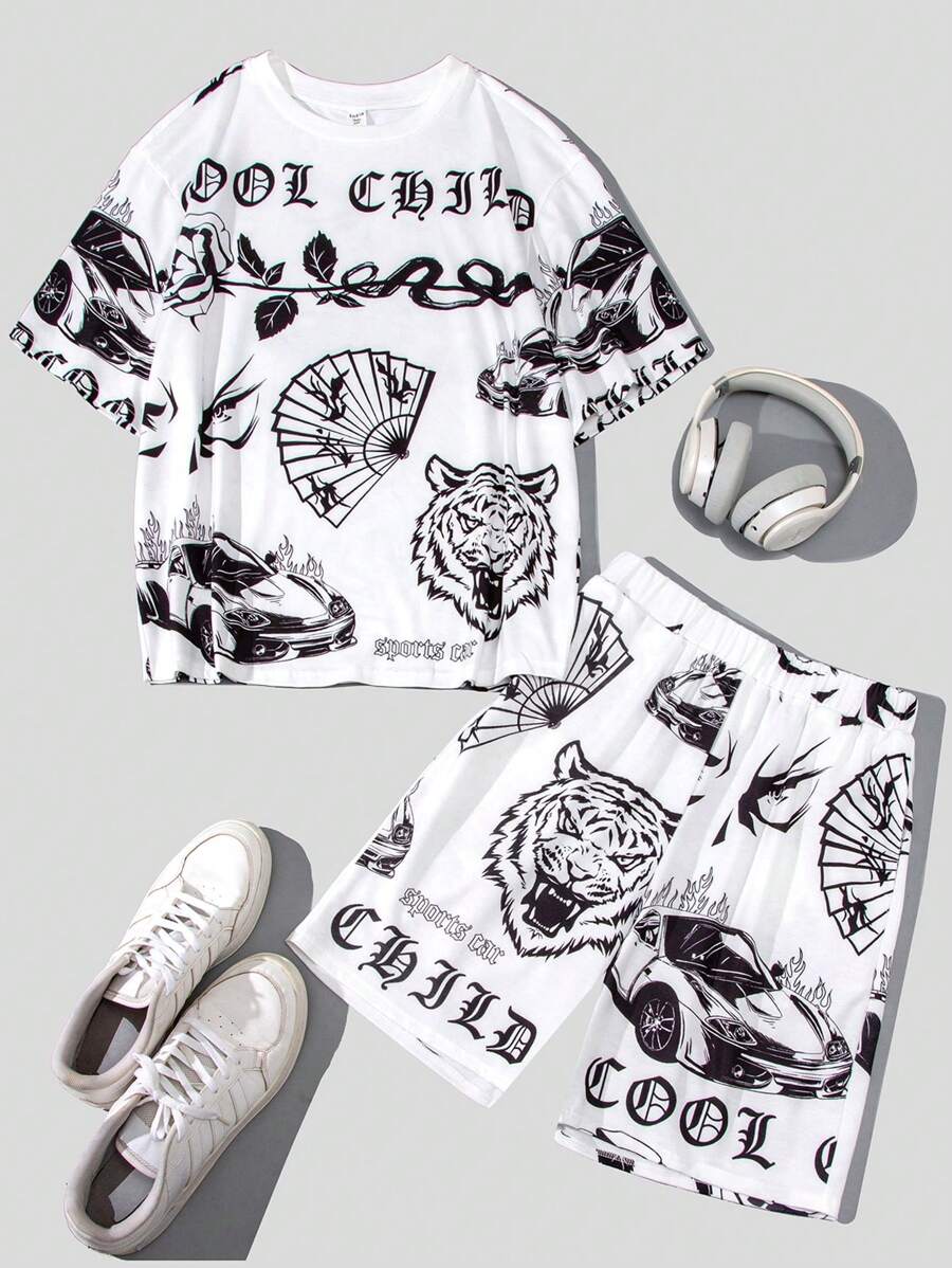 SHEIN 2pcs/Set Teen Boys' Casual Digital Print Short Sleeve T-Shirt And Shorts Suit For Summer - White - View 1