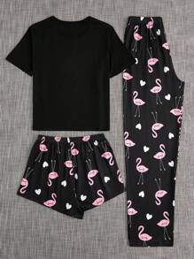 Women'S Letter Printed Flamingo & Heart Pattern Pajama Set - Black - View 2