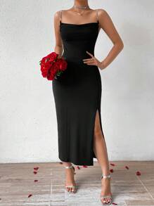SHEIN Privé Women'S Side Split Spaghetti Strap Dress With Rhinestone Chain - Black - View 6
