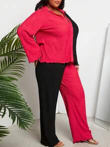 SHEIN Slayr 大尺寸婦女的顏色分塊鈴袖兩件套裝 - 彩色 - 查看 5