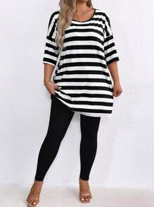 Bộ áo sọc trễ vai và quần legging cỡ lớn cho nữ, mùa hè - Đen và trắng - Xem 6