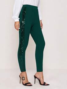 SHEIN Privé 女性閃爍拼接褲 - 墨綠色 - 查看 1