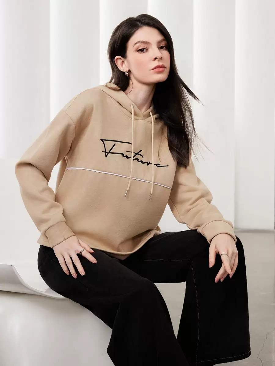 Mulvari Tương phản Màu sắc Cán Hem Ấm áp Đan Lót Hoodie - Màu be - Xem 1