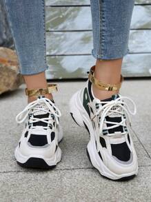 女式時尚黑色拼接圓頭系帶校園風休閒厚底鞋 - 黑色 - 查看 5