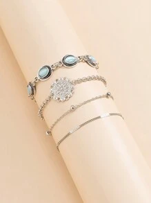 ROMWE Hippie 4入組極簡寶石與鍊鏈手鍊套裝 - 銀色 - 查看 2