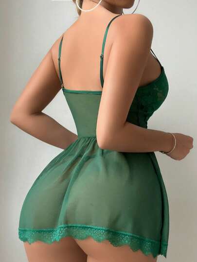 Verleidelijke Kanten Contrast Mesh Lingerie Dress Detachable Garter Belt Back, view 2