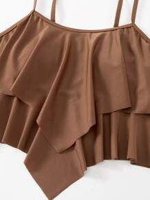 SHEIN Swim 夏季沙灘女士坦克泳衣，熱帶印花拼接高腰褶皺泳裝下褲坦克泳衣套裝 - 咖啡棕 - 查看 3