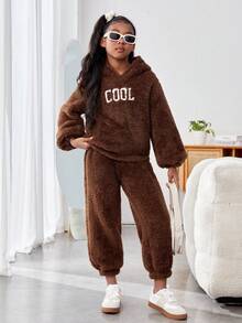 Cô gái Chữ thêu Thiết kế Tính hai mặt Lông cừu Bộ - màu nâu - Xem 3