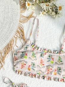 SHEIN Swim 夏季随机花卉印花打结侧比基尼套装 - 玫紅色 - 查看 5