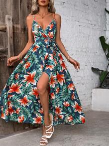 SHEIN VCAY Women'S Floral Print Wrap Belted Spaghetti Strap Dress - Multicolor - View 5