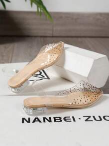 Women's Flat Shoes With Rhinestone, Latest Style Apricot-Colored Shoes, Transparent Crystal Heels, Elegant Ladies' Shoes With Crystal Clear Transparent Flat Soles For Weddings; Platform Low-Cost Women's Outdoor Flat Shoes, Women's Sexy And Seductive Shoes