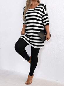 Bộ áo sọc trễ vai và quần legging cỡ lớn cho nữ, mùa hè - Đen và trắng - Xem 5