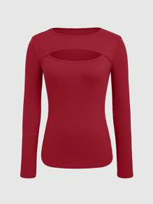 INAWLY Quý cô Màu thuần Đồ đan Ribbed Xu hướng: Cắt giảm Áo thun - Đỏ - Xem 3