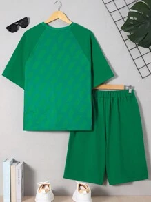 SHEIN Teens' Casual And Comfortable Short Sleeve Printed Top And Shorts Set For Sports And Leisure - Green - View 2