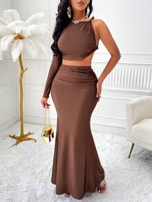 SHEIN Slayr 纯色不对称领短款上衣和美人鱼下摆短裙两件套 - 咖啡棕 - 查看 3